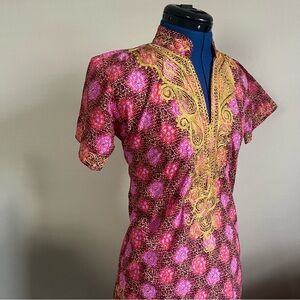 Handmade, hand-embroidered pink and gold batik print mini dress